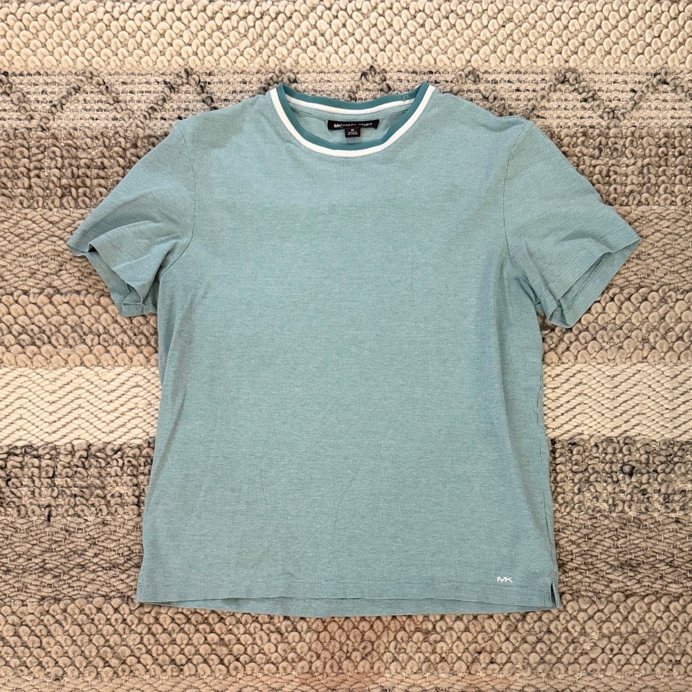 Michael Kors Aqua Blue Striped Trim Collar Knit T-Shirt 100% Cotton